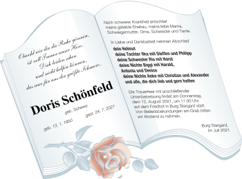 Traueranzeige von Doris Schönfeld von Neubrandenburger Zeitung