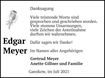 Traueranzeige von Edgar Meyer von Neubrandenburger Zeitung