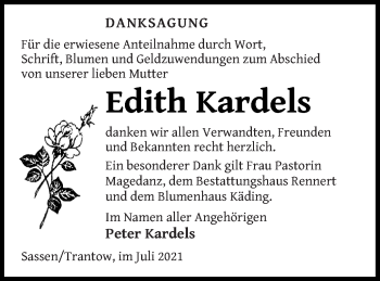 Traueranzeige von Edith Kardels von Vorpommern Kurier