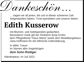 Traueranzeige von Edith Kusserow von Neubrandenburger Zeitung