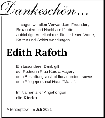 Traueranzeige von Edith Rafoth von Neubrandenburger Zeitung