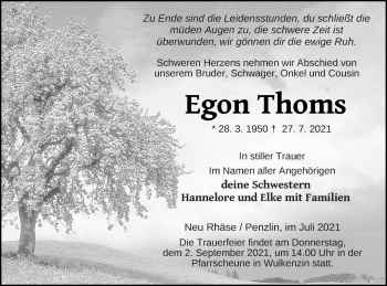 Traueranzeige von Egon Thoms von Neubrandenburger Zeitung