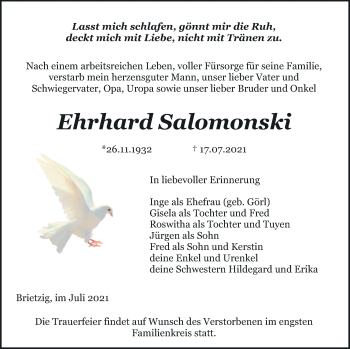 Traueranzeige von Ehrhard Salomonski von Pasewalker Zeitung