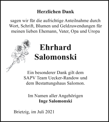 Traueranzeige von Ehrhard Salomonski von Pasewalker Zeitung