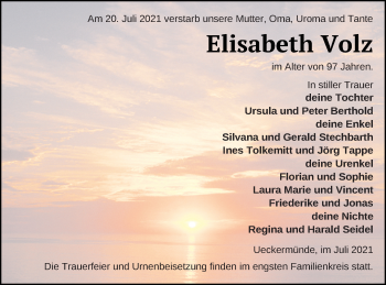 Traueranzeige von Elisabeth Volz von Haff-Zeitung