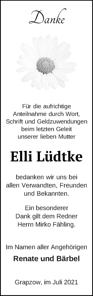 Traueranzeige von Elli Lüdtke von Neubrandenburger Zeitung