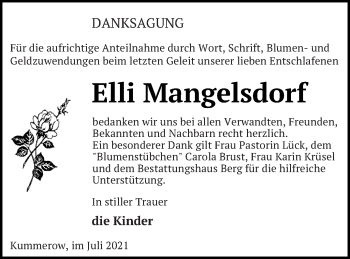 Traueranzeige von Elli Mangelsdorf von Mecklenburger Schweiz