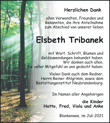 Traueranzeige von Elsbeth Tribanek von Strelitzer Zeitung