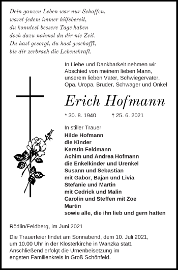 Traueranzeige von Erich Hofmann von Strelitzer Zeitung