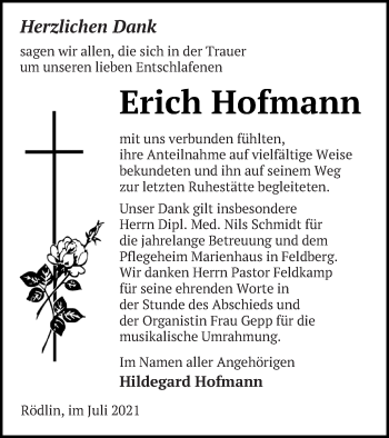 Traueranzeige von Erich Hofmann von Strelitzer Zeitung