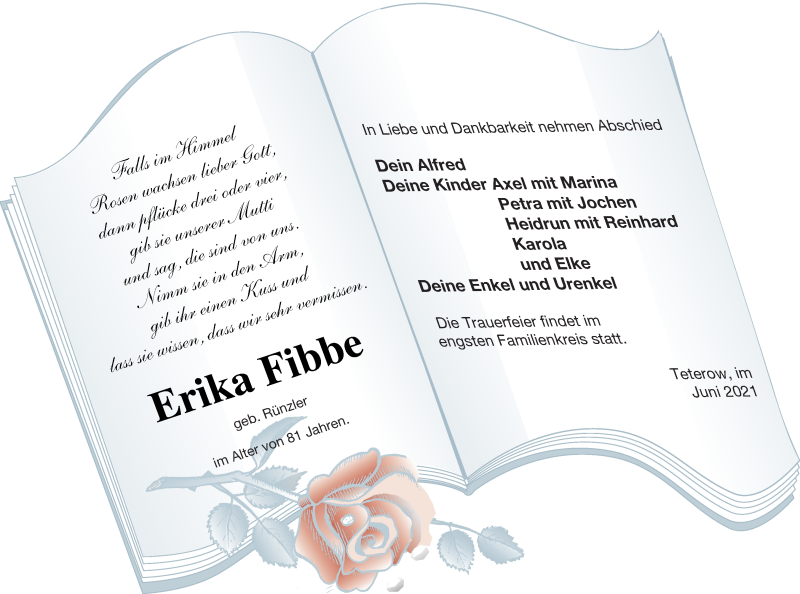  Traueranzeige für Erika Fibbe vom 03.07.2021 aus Mecklenburger Schweiz