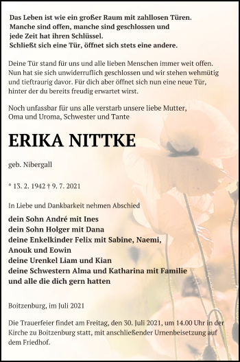 Traueranzeige von Erika Nittke von Templiner Zeitung