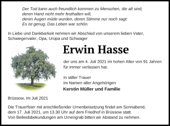 Traueranzeige von Erwin Hasse von Prenzlauer Zeitung