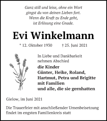 Traueranzeige von Evi Winkelmann von Mecklenburger Schweiz