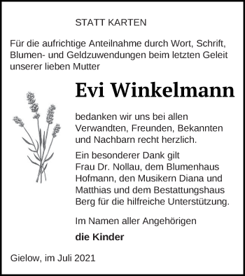 Traueranzeige von Evi Winkelmann von Mecklenburger Schweiz