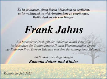 Traueranzeige von Frank Jahns von Pasewalker Zeitung