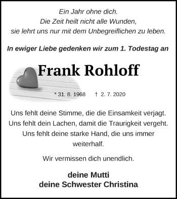 Traueranzeige von Frank Rohloff von Neubrandenburger Zeitung