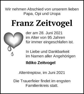 Traueranzeige von Franz Zeitvogel von Neubrandenburger Zeitung