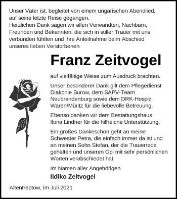 Traueranzeige von Franz Zeitvogel von Neubrandenburger Zeitung