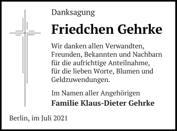 Traueranzeige von Friedchen Gehrke von Vorpommern Kurier