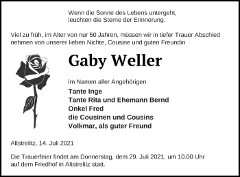 Traueranzeige von Gaby Weller von Strelitzer Zeitung