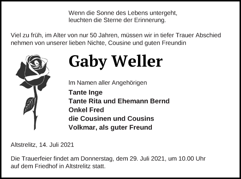  Traueranzeige für Gaby Weller vom 20.07.2021 aus Strelitzer Zeitung