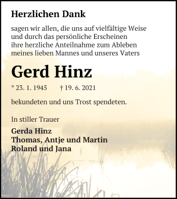 Traueranzeige von Gerd Hinz von Neubrandenburger Zeitung