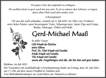 Traueranzeige von Gerd-Michael Maaß von Vorpommern Kurier