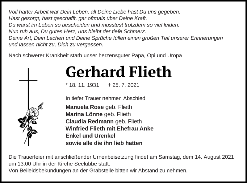  Traueranzeige für Gerhard Flieth vom 30.07.2021 aus Prenzlauer Zeitung