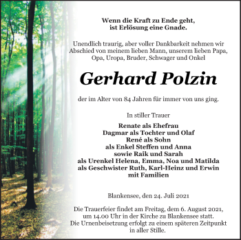 Traueranzeige von Gerhard Polzin von Pasewalker Zeitung