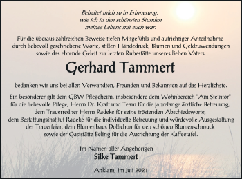 Traueranzeige von Gerhard Tammert von Vorpommern Kurier