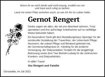 Traueranzeige von Gernot Rengert von Templiner Zeitung