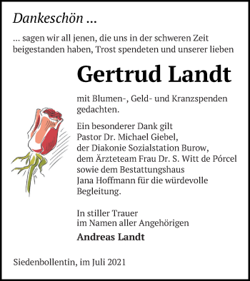 Traueranzeige von Gertrud Landt von Neubrandenburger Zeitung