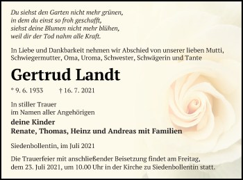 Traueranzeige von Gertrud Landt von Neubrandenburger Zeitung