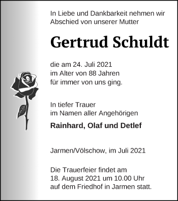 Traueranzeige von Gertrud Schuldt von Vorpommern Kurier