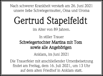 Traueranzeige von Gertrud Stapelfeldt von Vorpommern Kurier