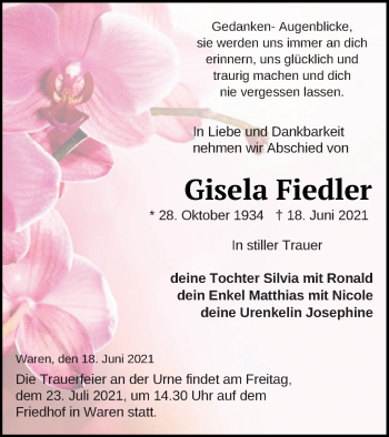 Traueranzeige von Gisela Fiedler von Müritz-Zeitung