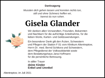 Traueranzeige von Gisela Glander von Neubrandenburger Zeitung