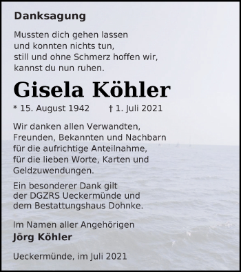Traueranzeige von Gisela Köhler von Haff-Zeitung