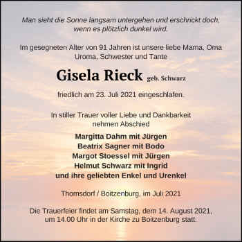 Traueranzeige von Gisela Rieck von Templiner Zeitung