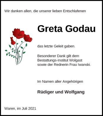 Traueranzeige von Greta Godau von Müritz-Zeitung