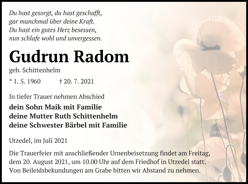  Traueranzeige für Gudrun Radom vom 27.07.2021 aus Demminer Zeitung