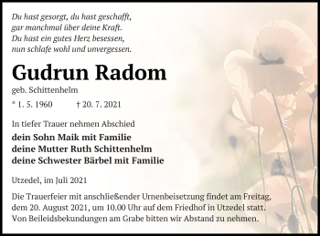 Traueranzeige von Gudrun Radom von Demminer Zeitung