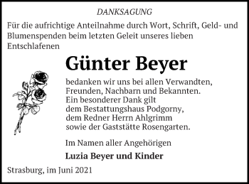 Traueranzeige von Günter Beyer von Pasewalker Zeitung