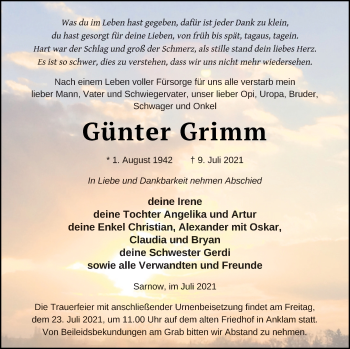 Traueranzeige von Günter Grimm von Vorpommern Kurier