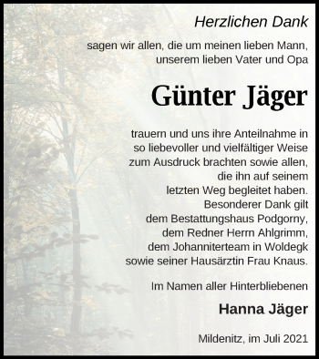 Traueranzeige von Günter Jäger von Pasewalker Zeitung