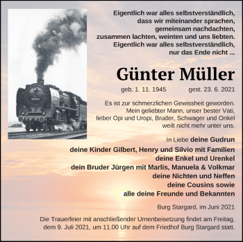 Traueranzeige von Günter Müller von Neubrandenburger Zeitung