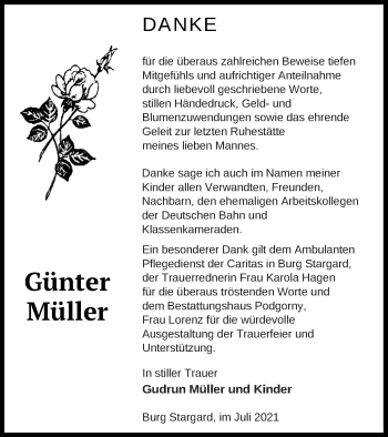 Traueranzeige von Günter Müller von Neubrandenburger Zeitung