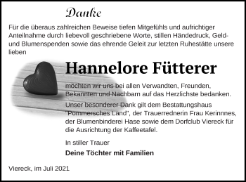 Traueranzeige von Hannelore Fütterer von Pasewalker Zeitung