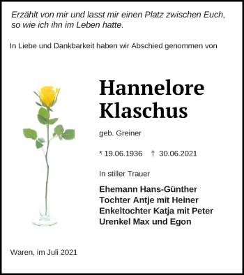 Traueranzeige von Hannelore Klaschus von Demminer Zeitung
